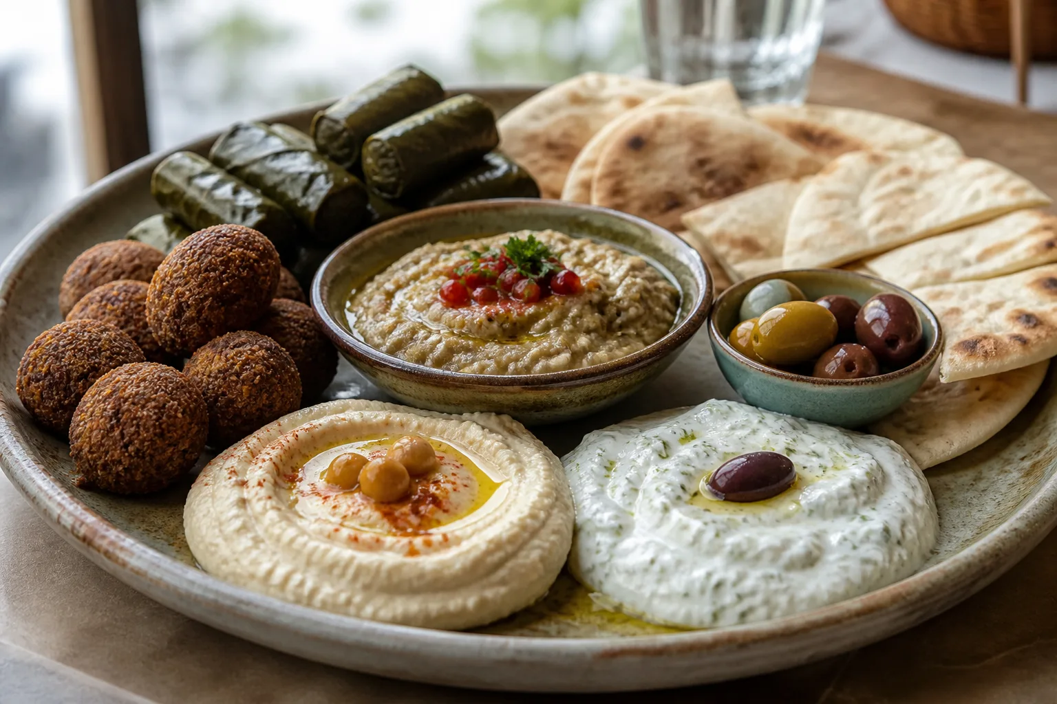 Mezze platter served at Zaytoon Mediterranean Grill in Centennial, Colorado
